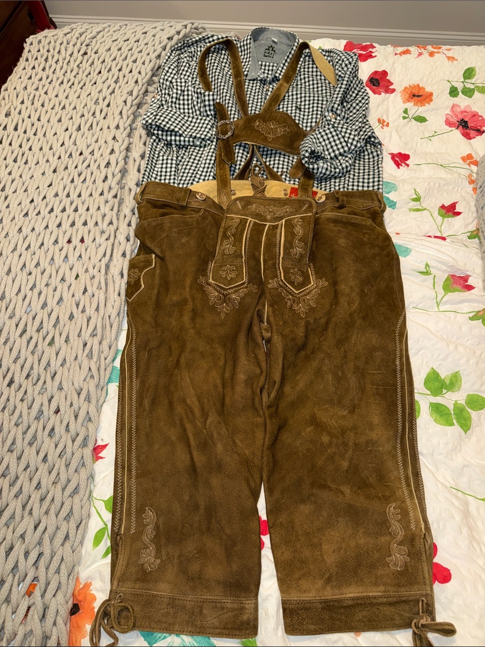 Genuine Brown Suede Lederhosen and checked shirt